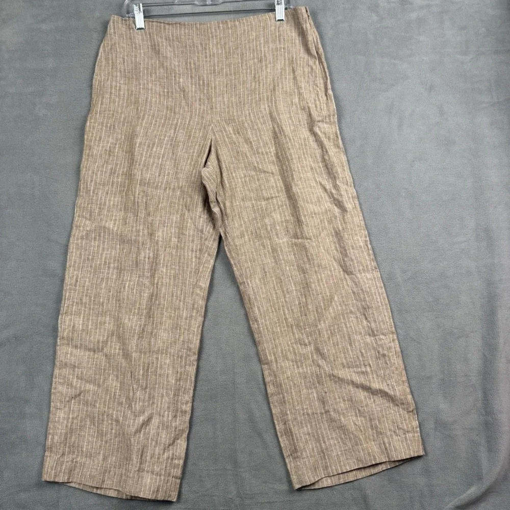Theory Tan Pinstripe Linen Wide Leg Pants Side Zip‎ Trousers Size 10